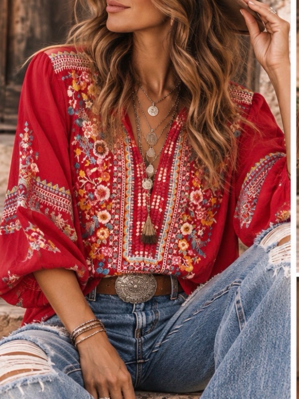 Johnny was Embroidered Red Women's Peasant Blouse
